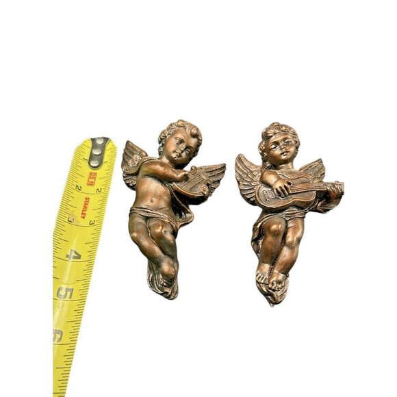 Vintage Angel Cherub Wall Hanging Plaque Pair 2 Gold Chalk ware Instruments 5" - Picture 8 of 10